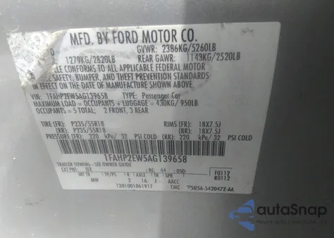 2010 Ford Taurus Sel из США, поврежденный, VIN 1FAHP2EW5AG139658